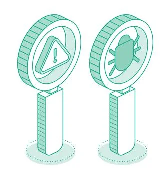 Debugging. Magnifying glass with bug and exclamation mark isolated on white.. イラスト素材