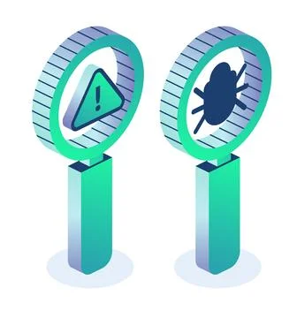 Debugging. Magnifying glass with bug and exclamation mark isolated on white.. イラスト素材