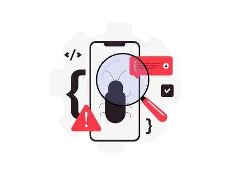 Debugging mobile applications. Analyzing code, reproducing and isolating bugs Illustrazione stock