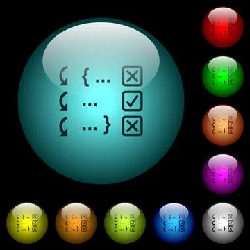 Debugging program icons in color illuminated glass buttons Stock Illustration