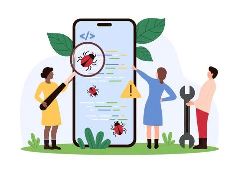 Debugging software and mobile application, bug search and find online by tiny Stock Illustration