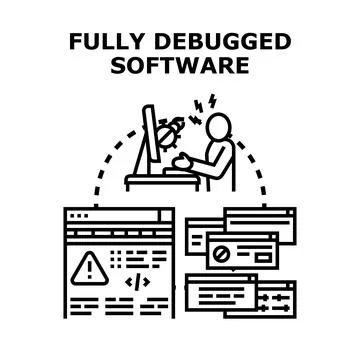 Debugging software process for finding and fixing errors Stock Illustration