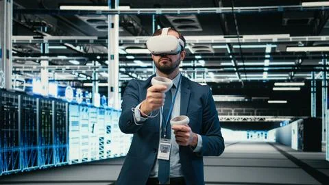 Debugging system errors, VR headset and computer scientist in data center 스톡 사진