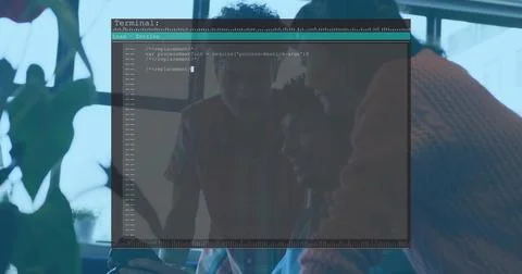 Debugging three people at desk viewing laptop terminal overlay, plaid shirt, Foto stock