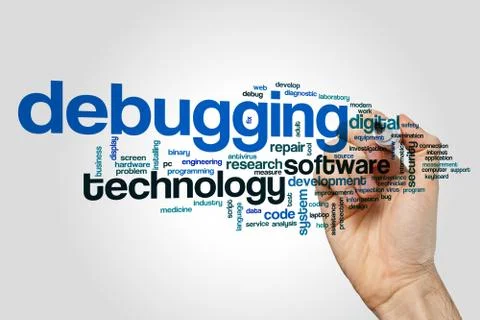 Debugging word cloud concept on grey background Stock Photos