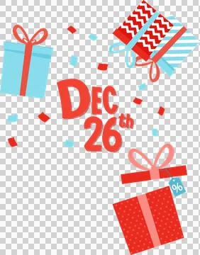 Dec 26th flat design scene is showing ribbon boxes, discount tag, confetti, Illustrazione stock