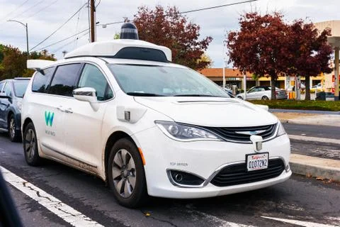 Dec 3, 2019 Mountain View / CA / USA - Waymo self driving car performing test Stock Photos