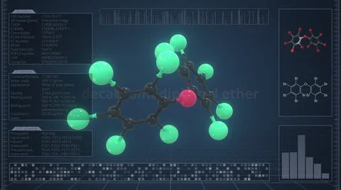 Decabromodiphenyl ether molecule with description on the computer screen, 3d Stock Illustration