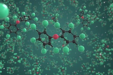 Decabromodiphenyl ether molecule made with balls, conceptual molecular model Stock Illustration
