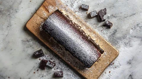 Decadent Chocolate Cake Loaf with Powdered Sugar on Marble Surface Stock Footage 294509130