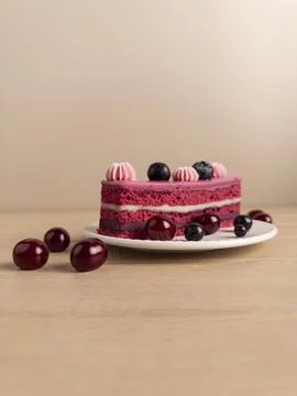 Decadent Red Velvet Cake Slice with Berries Stock-Fotos