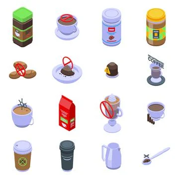 Decaffeinated coffee icons set, isometric style Illustrazione stock