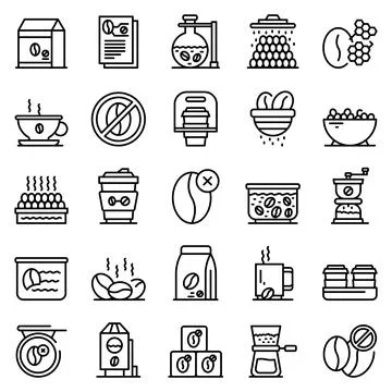 Decaffeinated coffee icons set, outline style Stock Illustration