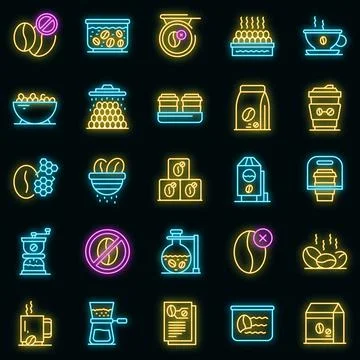 Decaffeinated coffee icons set vector neon Stock Illustration