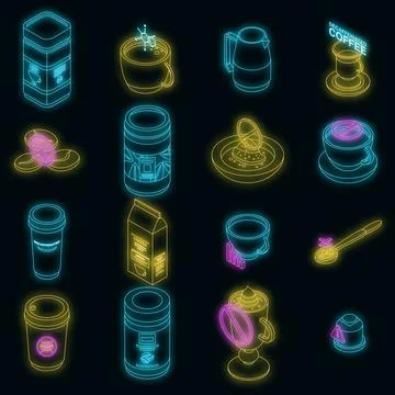 Decaffeinated coffee icons set vector neon Stock Illustration