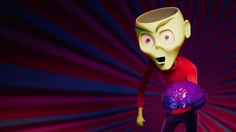 Decapitated 3D Alien Grasping a Surreal Purple Brain with Radial Dark Burst.. Stock Illustration