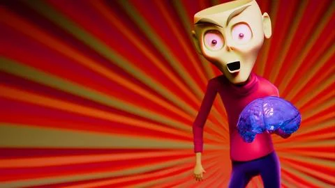 Decapitated 3D Alien Grasping a Surreal Purple Brain with Radial Dark Burst.. Stock Illustration