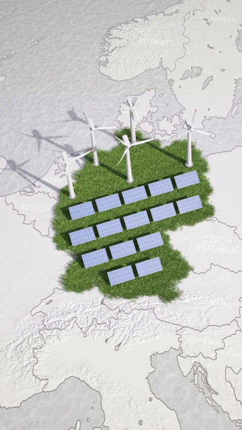 Decarbonization in Germany. Animated map with solar panels and wind turbines. Vídeos de archivo 336386557