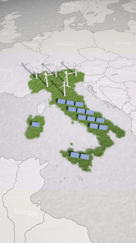Decarbonization in Italy. Animated map with solar panels and wind turbines. Vídeos de archivo 336387873