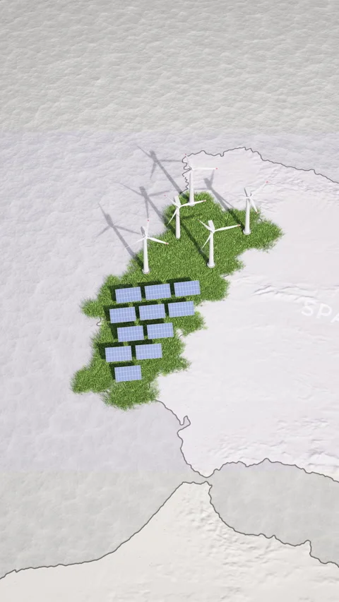 Decarbonization Portugal animated map with wind turbines and solar panels. Vídeos de archivo 336381307