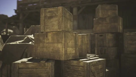 Decay and neglect in old warehouse environment with aged packaging Stock Footage 340665541
