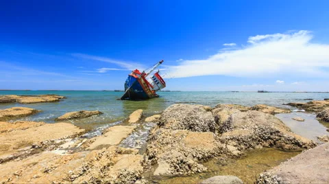 Decay rusty old ship, abandoned ship in blue sky Stock Footage 52363001