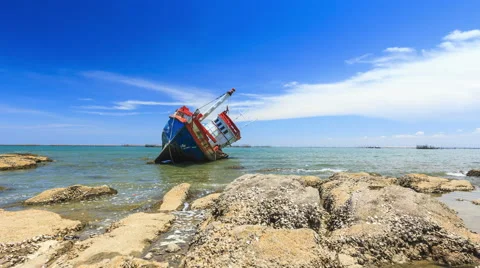 Decay rusty old ship, abandoned ship in blue sky Stock Footage 52364157