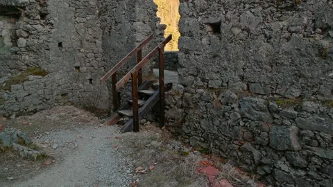Decayed and collapsed defense thick walls in medieval castle Kamen in Slovenia Stock Footage 150817662