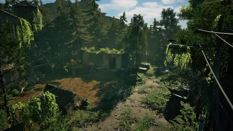 A decayed settlement overtaken by nature, with rusted cars, overgrown ruins Stock Footage 304305328