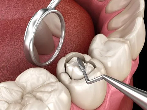 Decayed tooth restoration with composite filling. Stock Illustration