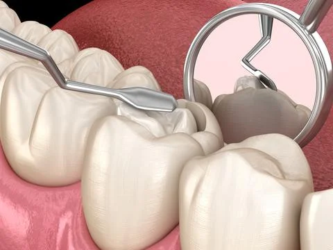 Decayed tooth restoration with composite filling. Stock Illustration
