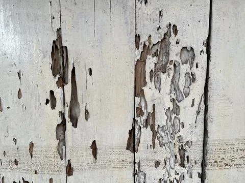 Decayed wooden board on the side of an old house Foto stock