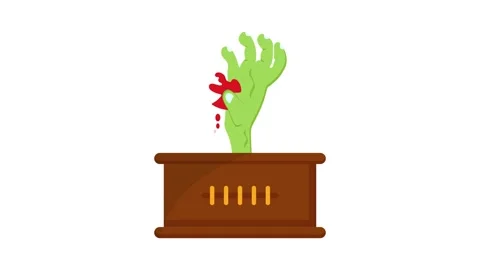 A decayed zombie hand emerges from an open wooden box, suggesting a spooky .. Stock Footage 332390703