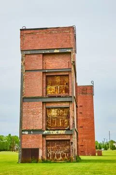 Decaying and abandoned freight elevator buildings at Ariel Foundation Park 스톡 사진