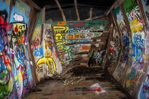 Decaying and rusting inside of metal train cars Stock Photos