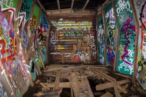 Decaying and rusting inside of metal train cars Stock Photos