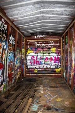 Decaying and rusting inside of metal train cars Stock Photos