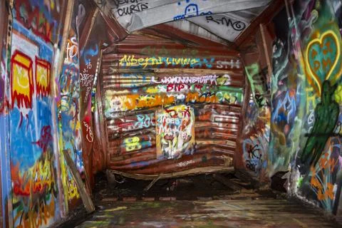 Decaying and rusting inside of metal train cars Stock Photos