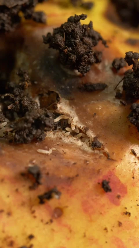 Decaying Apple with Visible Microorganisms in Compost, Vertical Format Stock Footage 327806118