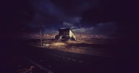 Decaying homestead illuminated by distant lightning and windblown grass Stock Footage 333561384