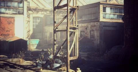 Decaying industrial site with abandoned structures in soft morning light Stock Illustration