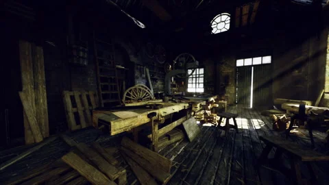 Decaying mill site featuring broken beams and dusty windows casting shadows Stock Footage 341826336