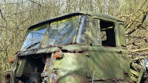 Decaying old green van cabin close up Stock Footage 331882833