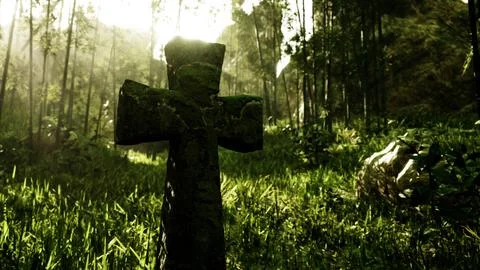 Decaying stone cross marking a final resting place in the jungle Stock Illustration