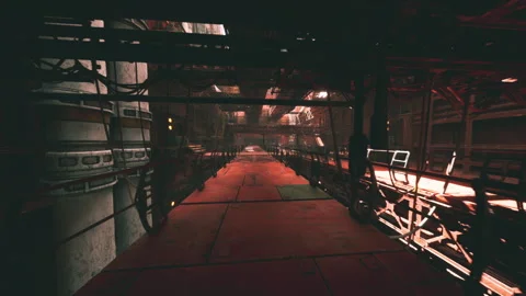 Decaying transport hub with weathered surfaces and moody lighting conditions Stock Footage 331526487