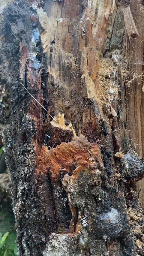 Decaying tree trunk exhibiting weathered bark exposed timber and hardened resin. Stock Footage 340322043