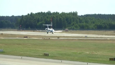 Deceleration of the aircraft on the runway Stock Footage 95567031