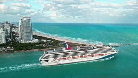 December 13, 2024 - Miami Beach, Florida: Aerial view Cruise ship Carnival Stock Footage 308690230