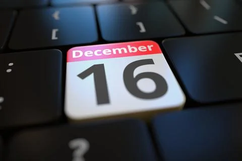 December 16 date on a keyboard key, 3d rendering Illustrazione stock