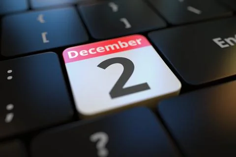 December 2 date on a keyboard key, 3d rendering Illustrazione stock